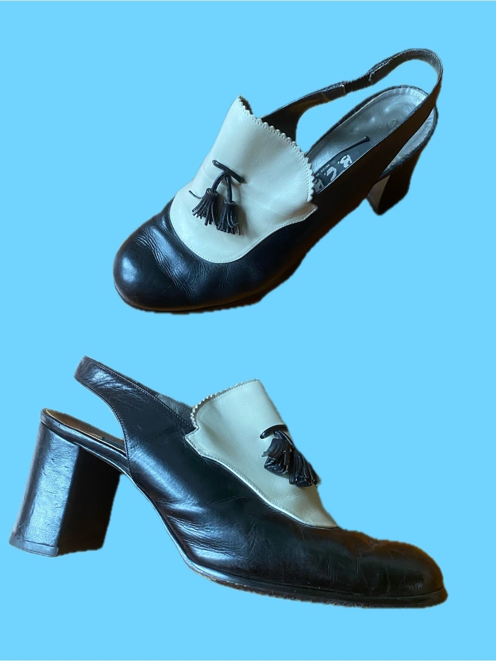 Vintage 90s BCBG Black and Cream Tassel Slingback Heels made in Italy